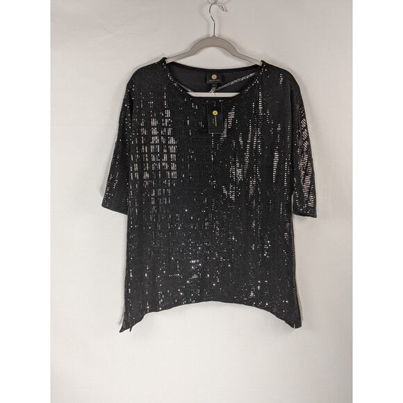 JM Collection Sequin‎ Top Half Sleeve Black Small Scoop Neck Asymmetrical Hem - Picture 8 of 9